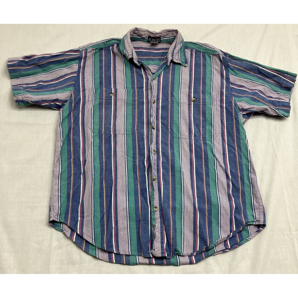 Honors Button Down Shirt Men L Vintage 90s Stripe Cotton Made in India